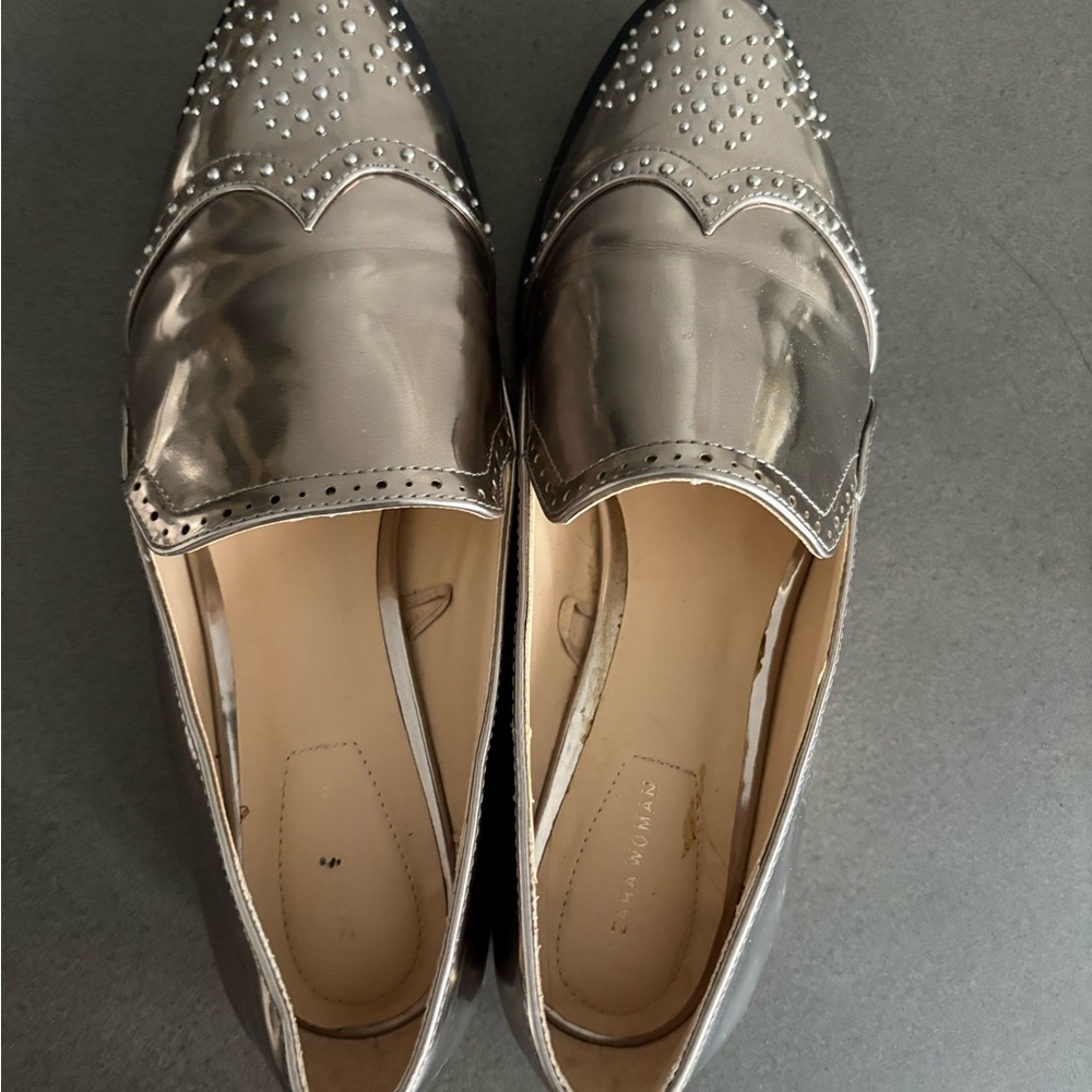 Zara Silver Flats with Brogue Detailing